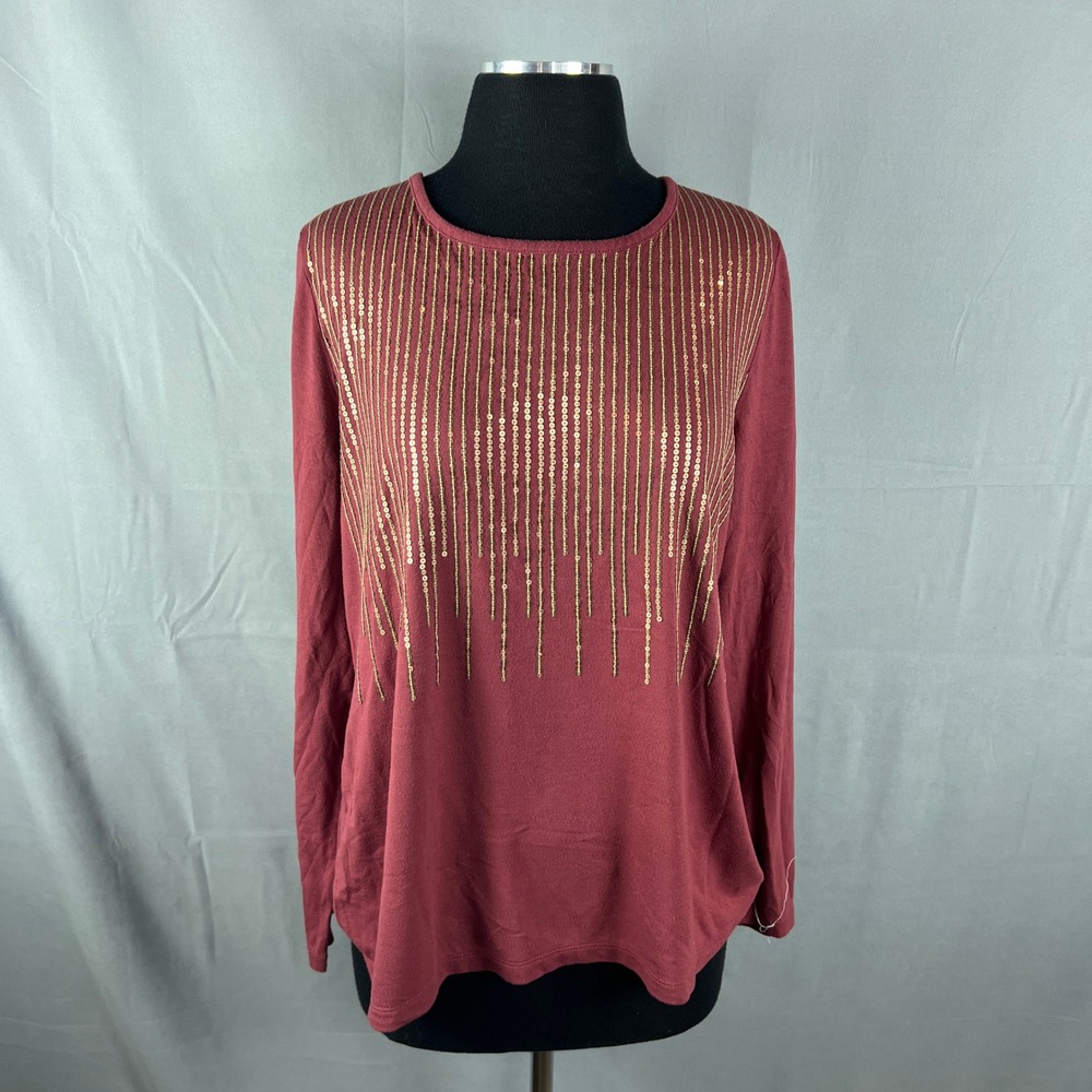 Liz Claiborne Blouse Top Womens XL Maroon Gold Sequin Embellished Long Sleeve